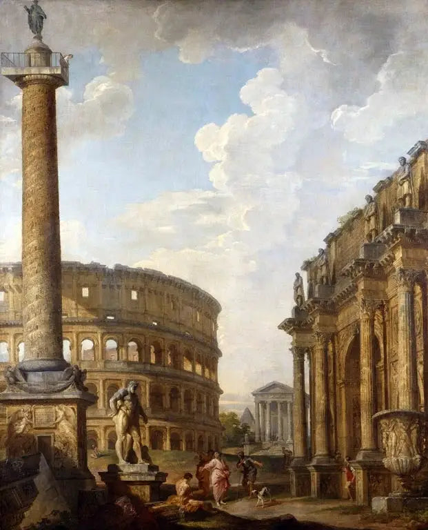 Udsigt over Caprice med Trajan-søjlen og de romerske ruiner - Giovanni Paolo Panini