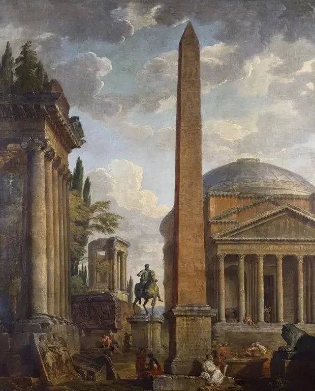 Udsigt over Caprice med Panthéon og romerske ruiner - Giovanni Paolo Panini