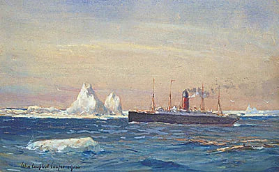 Udsigt over Karpaterne, der passerer langs isbjerge efter redningen af ​​overlevende fra Titanic - Colin Campbell Cooper