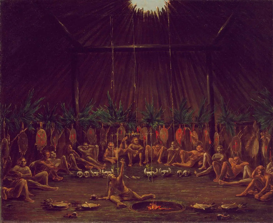 Indendørs udsigt over Medicine Lodge, Mandan O-kee-pa ceremoni - George Catlin