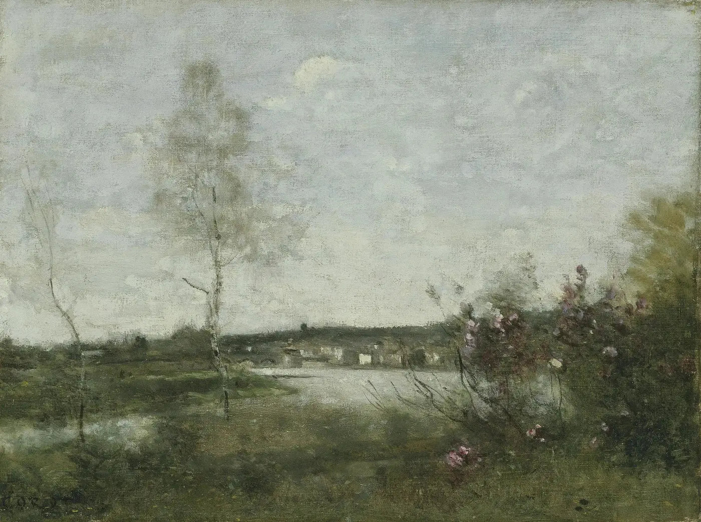 Vue lointaine de Corbeil, matin - Jean-Baptiste Camille Corot image 1 reproduction de peinture à l’huile