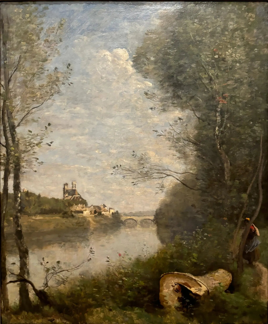Fjern udsigt over Mantes katedralen - Jean-Baptiste Camille Corot