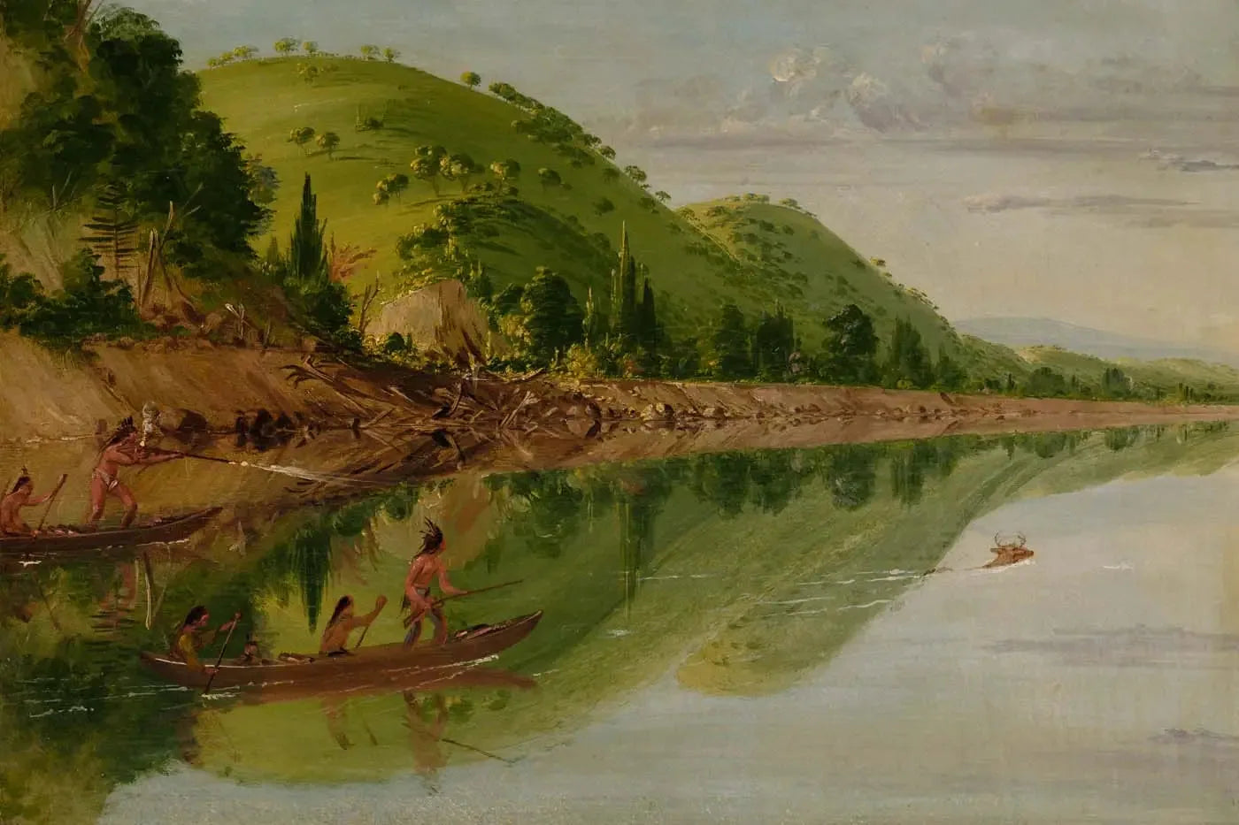 Vue sur la rivière Saint-Pierre, des Indiens Sioux poursuivant un cerf dans leurs canoës - George Catlin image 1 reproduction artisanale de tableau