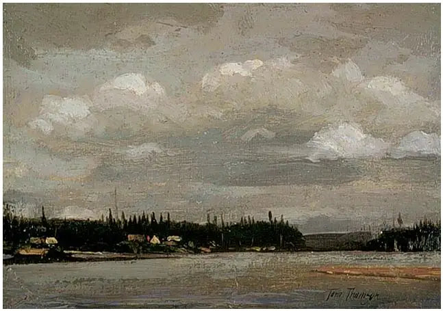 Udsigt over en sø: kyst med huse - Tom Thomson