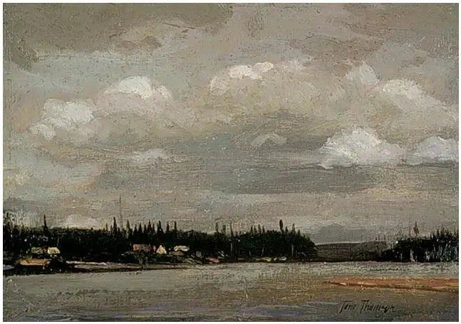 Udsigt over en sø: kyst med huse - Tom Thomson