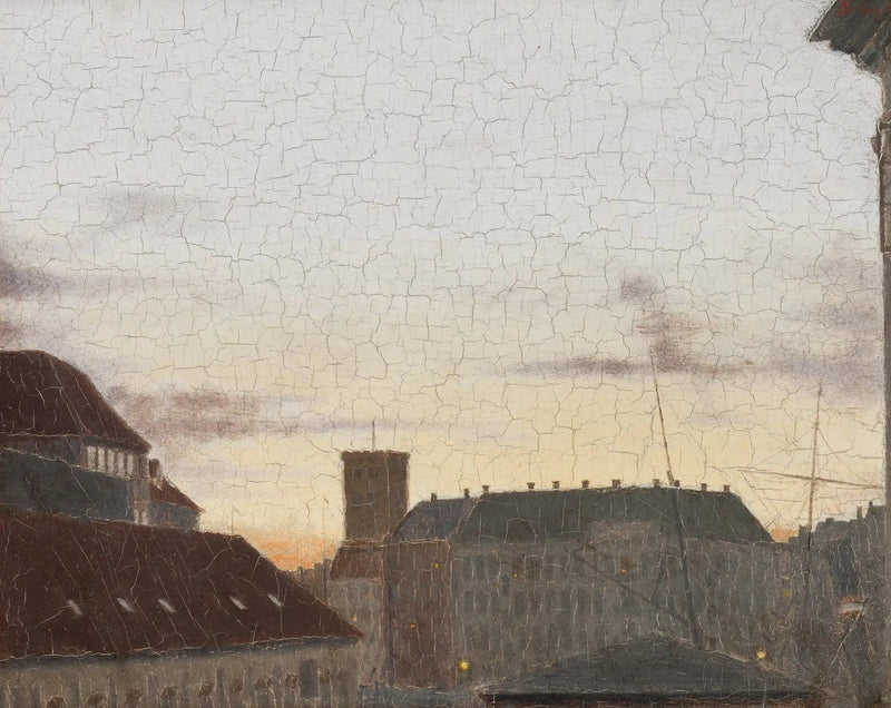 Udsigt over Gammelholm med Sankt Nikolaj Kirke i baggrunden. Solrig sommeraften i København. - Peder Severin Krøyer