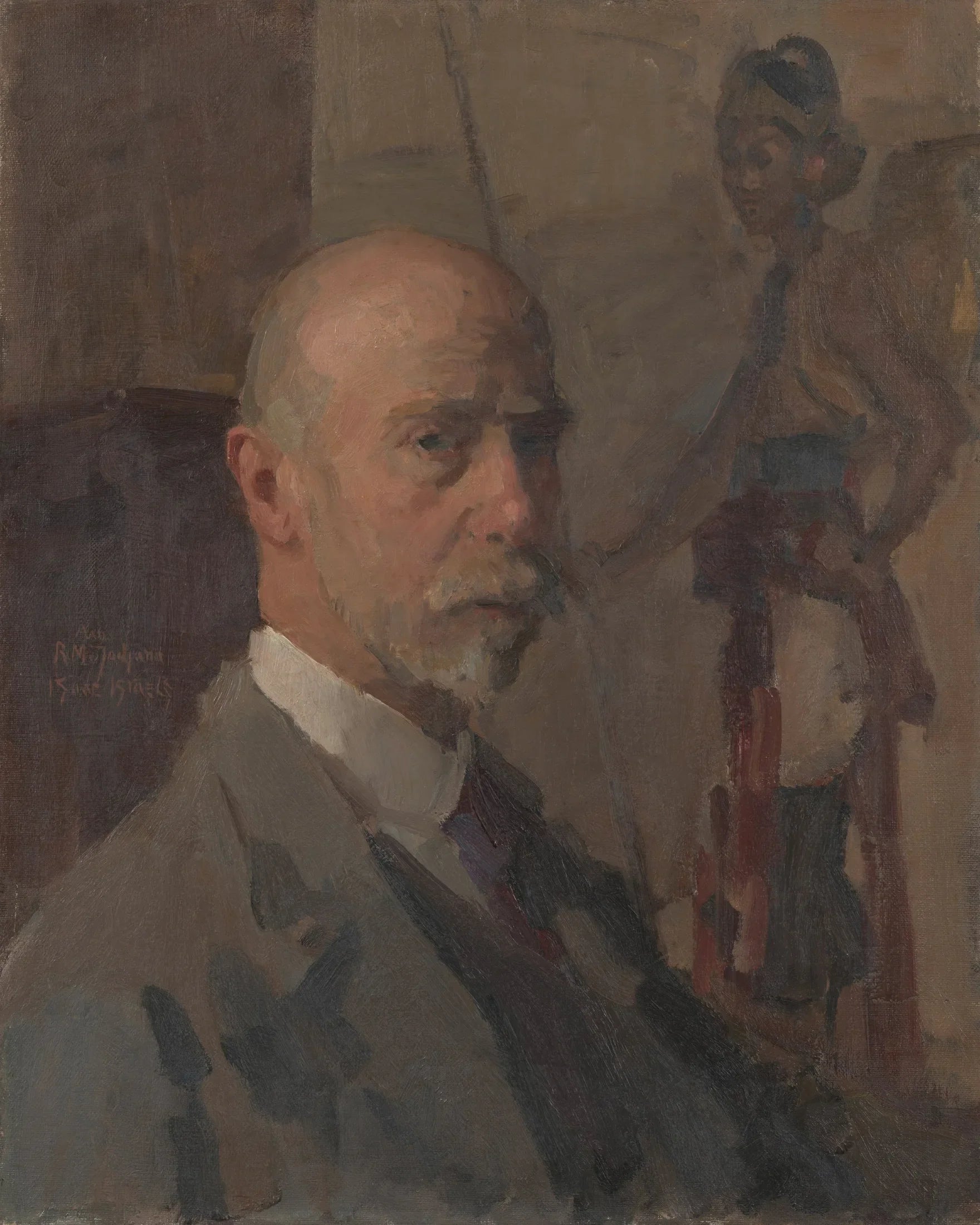 Zelfportret met een portret van Raden Mas Jodjana op de achtergrond - Isaac Israëls image 1 copie peinte à la main à l’huile