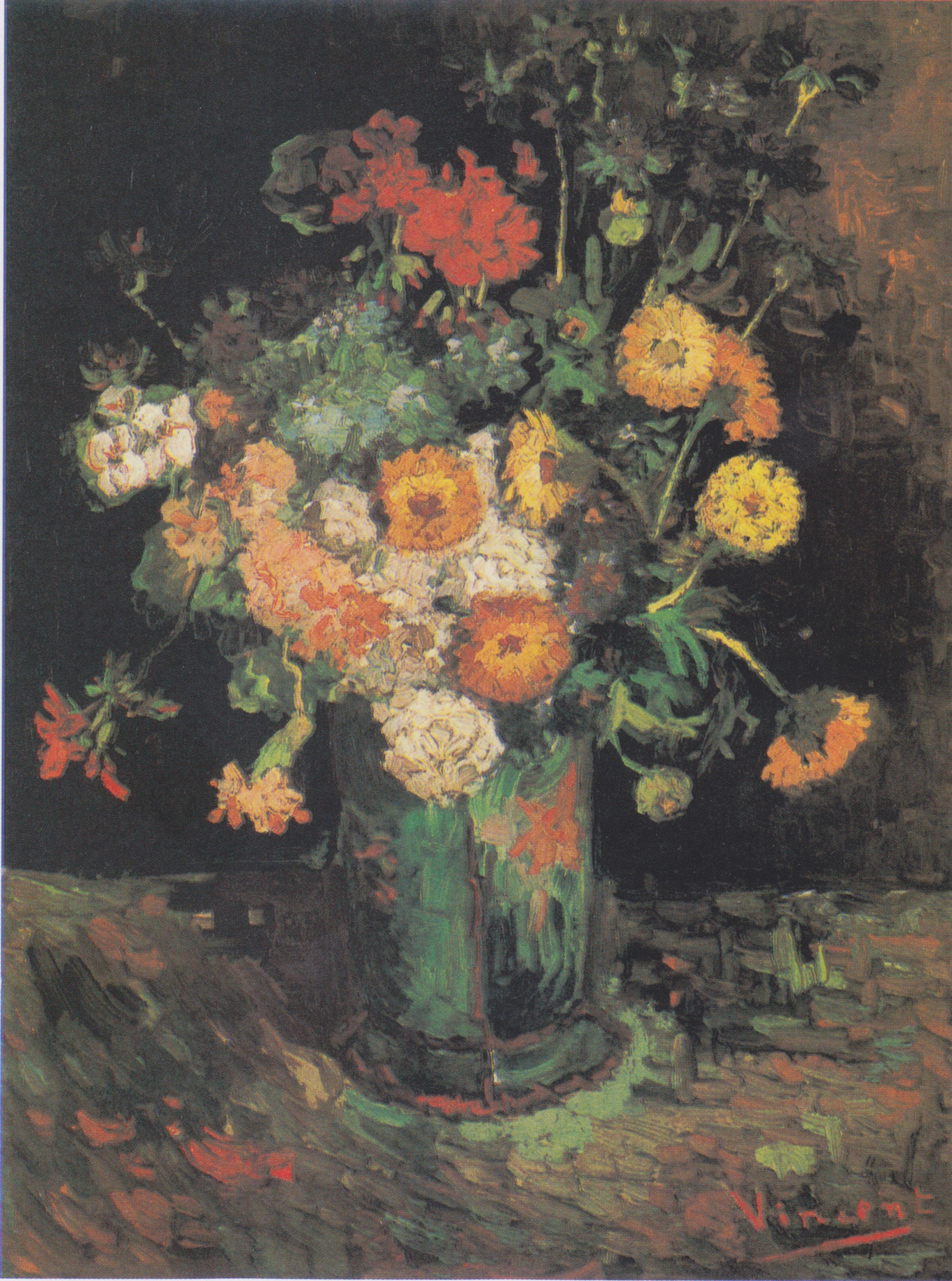 Reproduction du tableau « Zinnias et géraniums dans un vase - Vincent van Gogh » par Alpha Reproduction en peinture à l’huile
